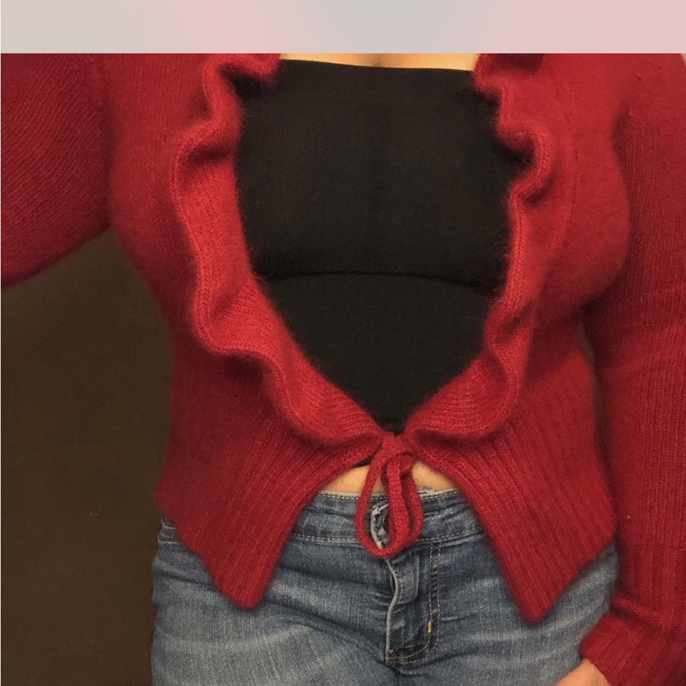 Marina Luna Womens Cranberry Red 37% Angora‎ Ruffle Front tie layer Cardigan  L